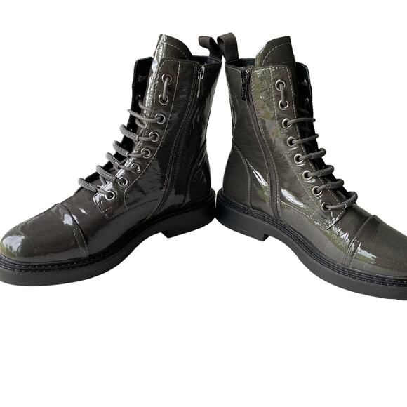 DKNY Malaya Patent Leather Combat Boots Metal Mesh Lace Covers Dark Gray W9.5 - Picture 7 of 14